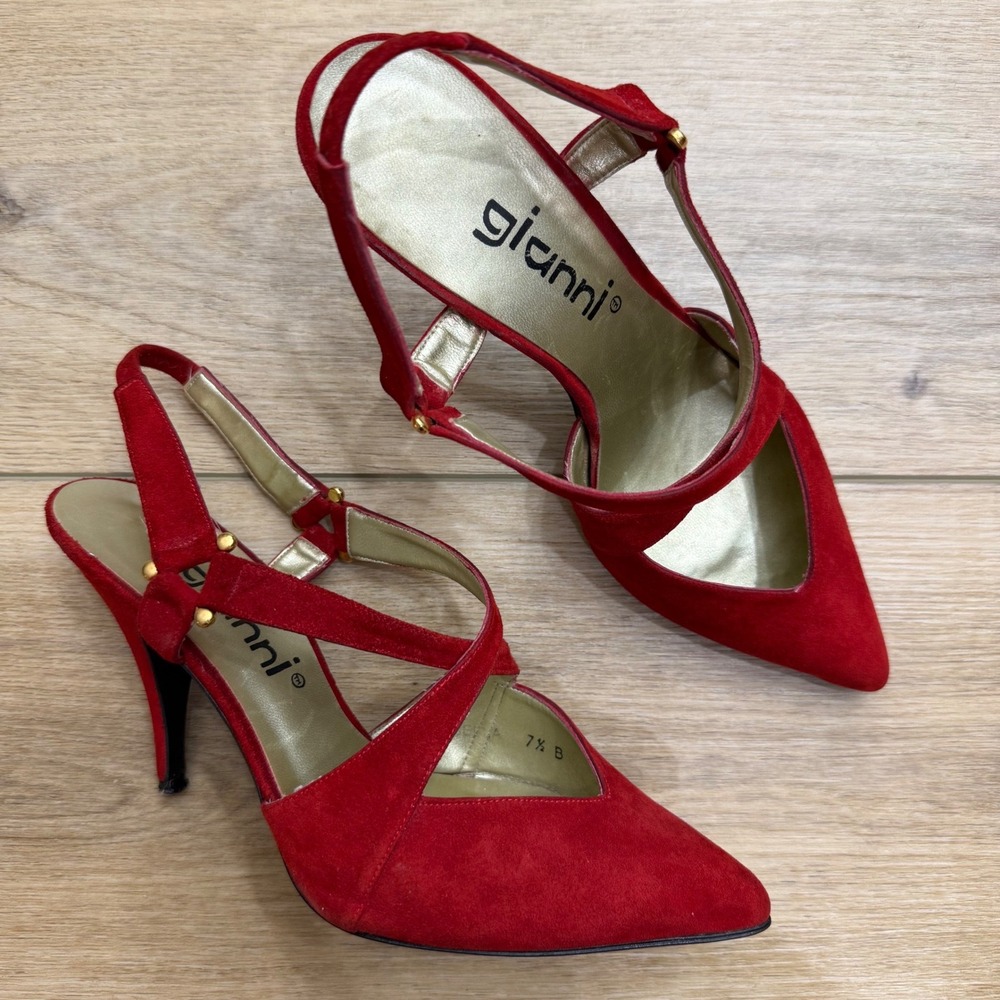 Y2K Red Suede Pointed Toe Slingback Strappy Stiletto Heels Color Pop 7.5 Vintage